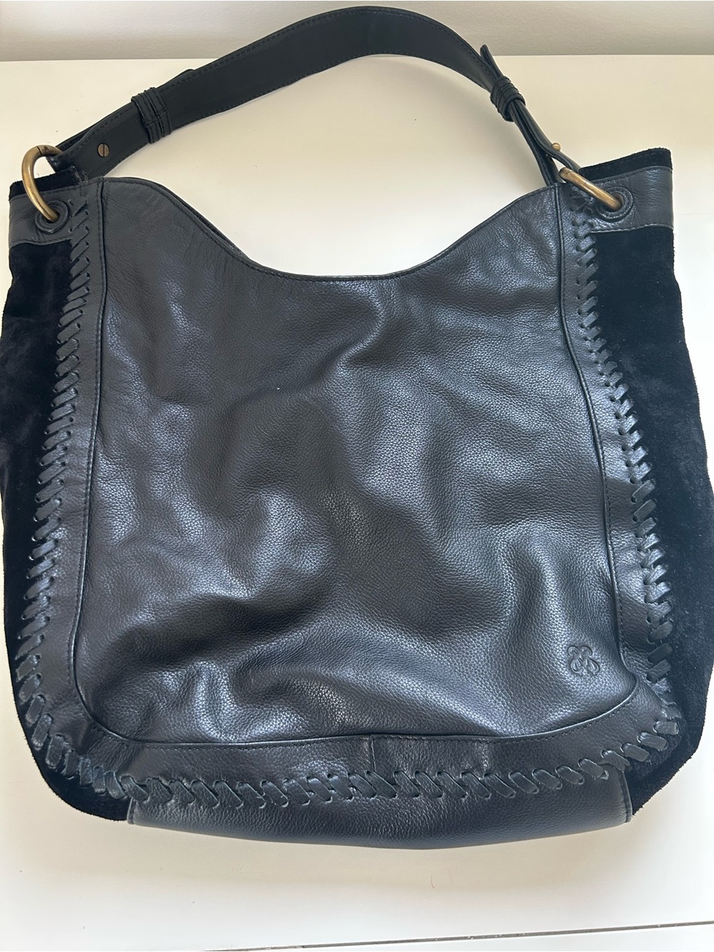 Black Leather Shoulder Hobo Bag with Whipstitch Trim